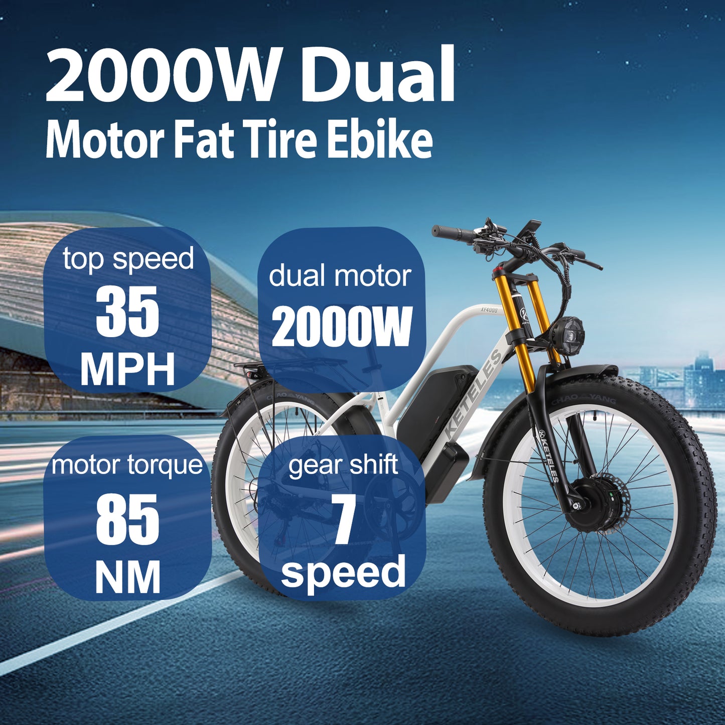KETELES XF4000 2000W Adult Fat Tire Electric Bicycle, 26'' Dual Motor AWD E-Bike with 23AH Removable Battery, 7-Speed Gears, 32MPH Max Speed, 80-Mile Range - Ideal for Mountain, Beach, Snow Riding