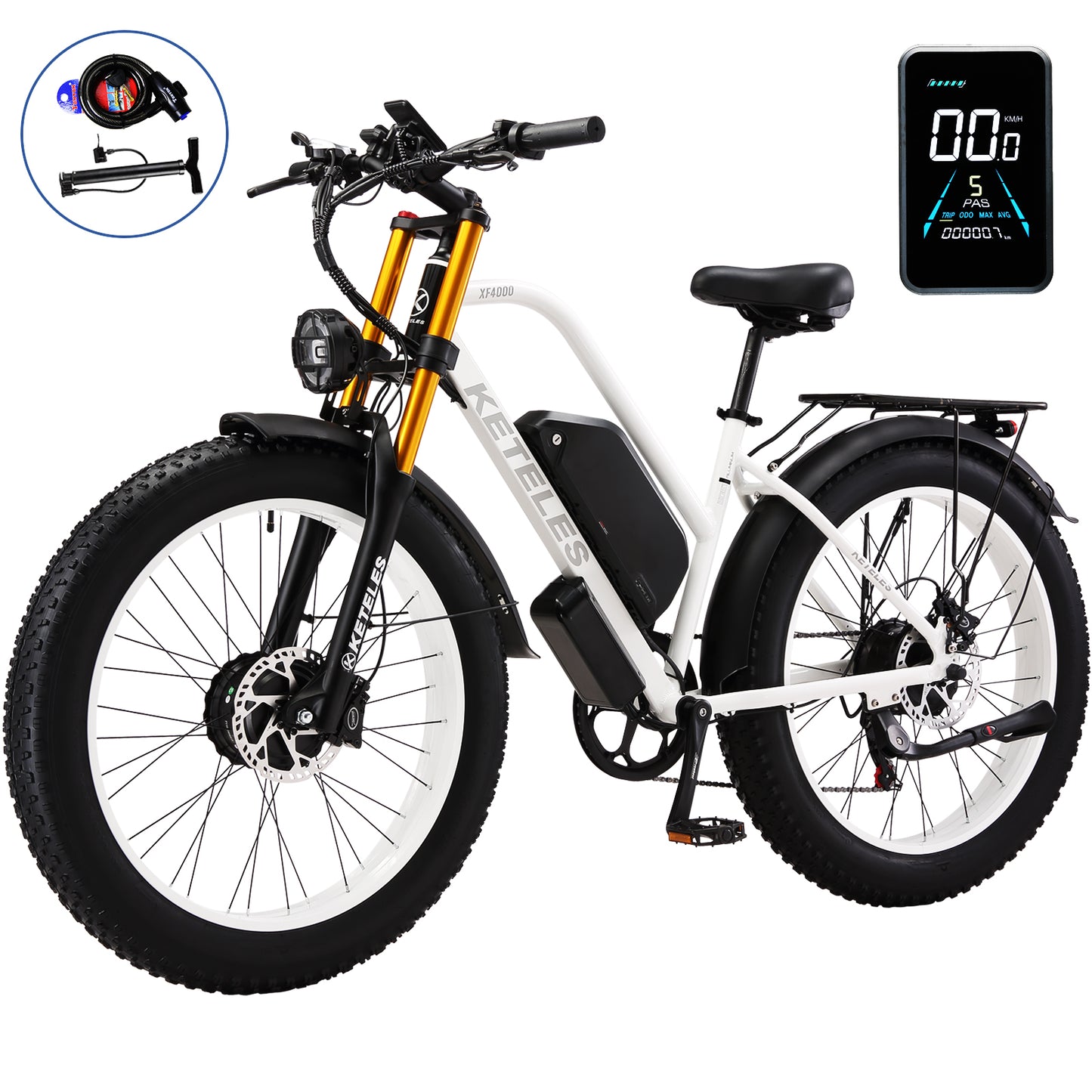KETELES XF4000 2000W Adult Fat Tire Electric Bicycle, 26'' Dual Motor AWD E-Bike with 23AH Removable Battery, 7-Speed Gears, 32MPH Max Speed, 80-Mile Range - Ideal for Mountain, Beach, Snow Riding