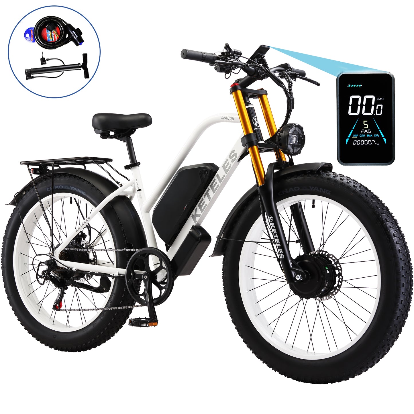KETELES XF4000 2000W Adult Fat Tire Electric Bicycle, 26'' Dual Motor AWD E-Bike with 23AH Removable Battery, 7-Speed Gears, 32MPH Max Speed, 80-Mile Range - Ideal for Mountain, Beach, Snow Riding