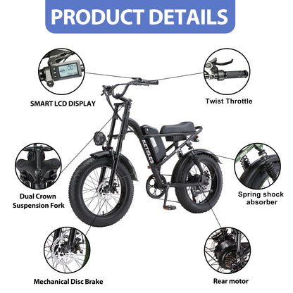 Keteles K880 Electric Bike For Adults, 20" Fat Tire Powerful 750W Brushless Motor, Higher Motor Peak, 48V 17.5AH 840WH Removable Battery, Range 60-80km, 7-Speed Transmission, Electric Mountain Bicycle Commuter Snow Bike Ebikes E-bike