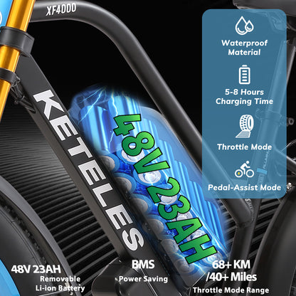 KETELES XF400 2000W Adult Fat Tire Electric Bicycle, 26'' Dual Motor AWD E-Bike with 23AH Removable Battery, 7-Speed Gears, 32MPH Max Speed, 80-Mile Range - Ideal for Mountain, Beach, Snow Riding