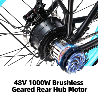 Electric Bike for Adults, 1000W Motor 26 Inch Fat Tire Ebike, 28 MPH 17.5AH 48V Battery Mountain Bicycle 21 Speed Electric Dirt E Bikes for Men