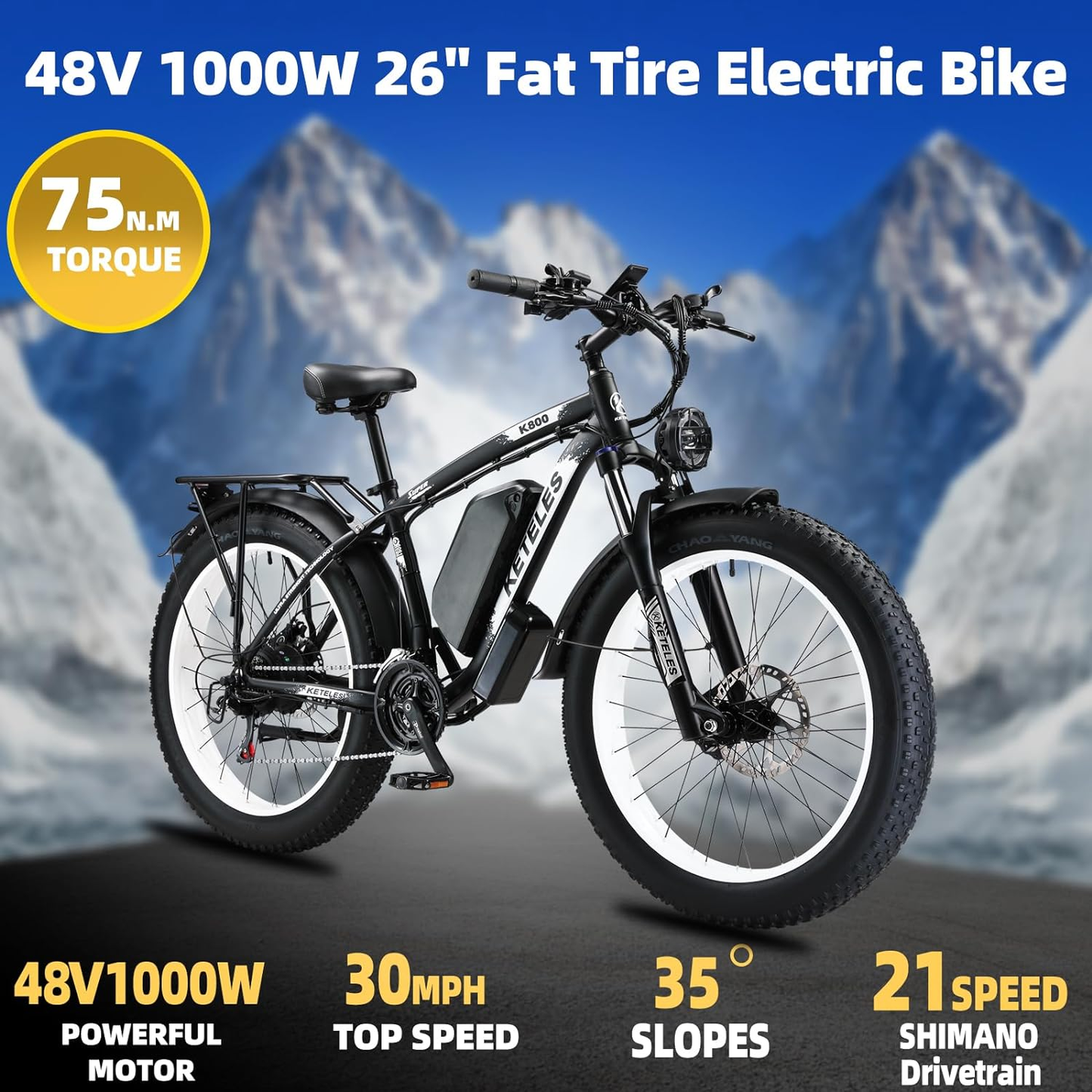 Electric Bike for Adults, 1000W Motor 26 Inch Fat Tire Ebike, 28 MPH 17.5AH 48V Battery Mountain Bicycle 21 Speed Electric Dirt E Bikes for Men