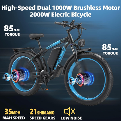 2000W Dual Motor Electric Bike for Men/Women 26 Inch Fat Tire Mountain Adults E Bike 35 MPH 23AH 48V Battery Bicycle 21 Speed Off-Road Mountain Snow Ebike