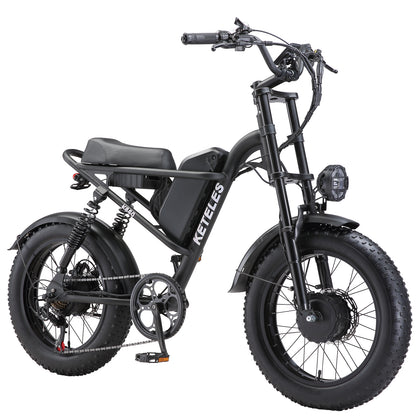 KETELES Electric Bike for Adults, Moped Style Dual Motor Ebike Full Suspension e-bike 20"X4.0" Fat Tire Electric Dirt Bike 2000W AWD Electric bicycle 48V 23AH Removable Battery Hydraulic Disc Brake