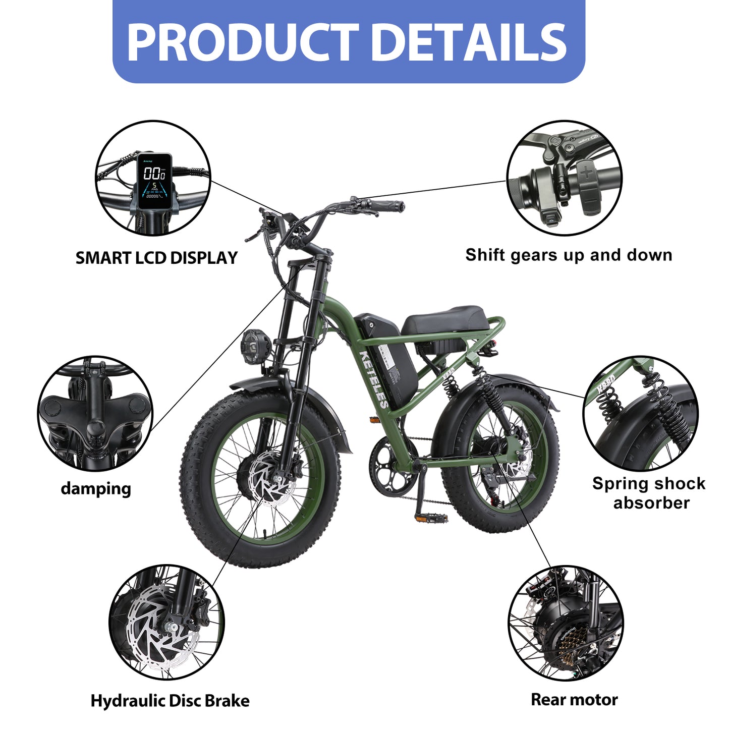 KETELES Electric Bike for Adults, Moped Style Dual Motor Ebike Full Suspension e-bike 20"X4.0" Fat Tire Electric Dirt Bike 2000W AWD Electric bicycle 48V 23AH Removable Battery Hydraulic Disc Brake