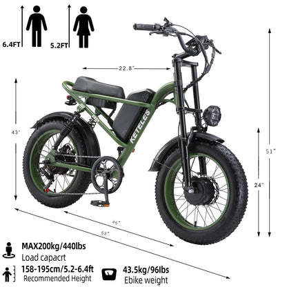 KETELES Electric Bike for Adults, Moped Style Dual Motor Ebike Full Suspension e-bike 20"X4.0" Fat Tire Electric Dirt Bike 2000W AWD Electric bicycle 48V 23AH Removable Battery Hydraulic Disc Brake