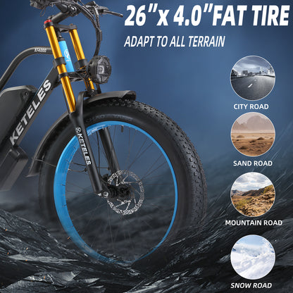 KETELES XF400 2000W Adult Fat Tire Electric Bicycle, 26'' Dual Motor AWD E-Bike with 23AH Removable Battery, 7-Speed Gears, 32MPH Max Speed, 80-Mile Range - Ideal for Mountain, Beach, Snow Riding