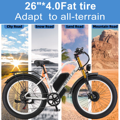 KETELES XF400 2000W Adult Fat Tire Electric Bicycle, 26'' Dual Motor AWD E-Bike with 23AH Removable Battery, 7-Speed Gears, 32MPH Max Speed, 80-Mile Range - Ideal for Mountain, Beach, Snow Riding