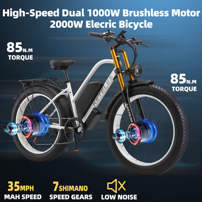 KETELES XF400 2000W Adult Fat Tire Electric Bicycle, 26'' Dual Motor AWD E-Bike with 23AH Removable Battery, 7-Speed Gears, 32MPH Max Speed, 80-Mile Range - Ideal for Mountain, Beach, Snow Riding