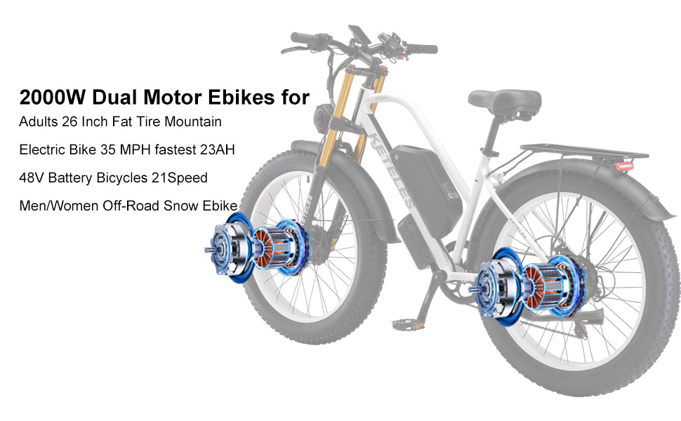 KETELES XF400 2000W Adult Fat Tire Electric Bicycle, 26'' Dual Motor AWD E-Bike with 23AH Removable Battery, 7-Speed Gears, 32MPH Max Speed, 80-Mile Range - Ideal for Mountain, Beach, Snow Riding