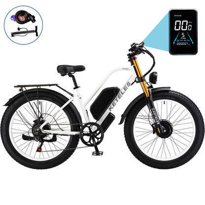 KETELES XF400 2000W Adult Fat Tire Electric Bicycle, 26'' Dual Motor AWD E-Bike with 23AH Removable Battery, 7-Speed Gears, 32MPH Max Speed, 80-Mile Range - Ideal for Mountain, Beach, Snow Riding