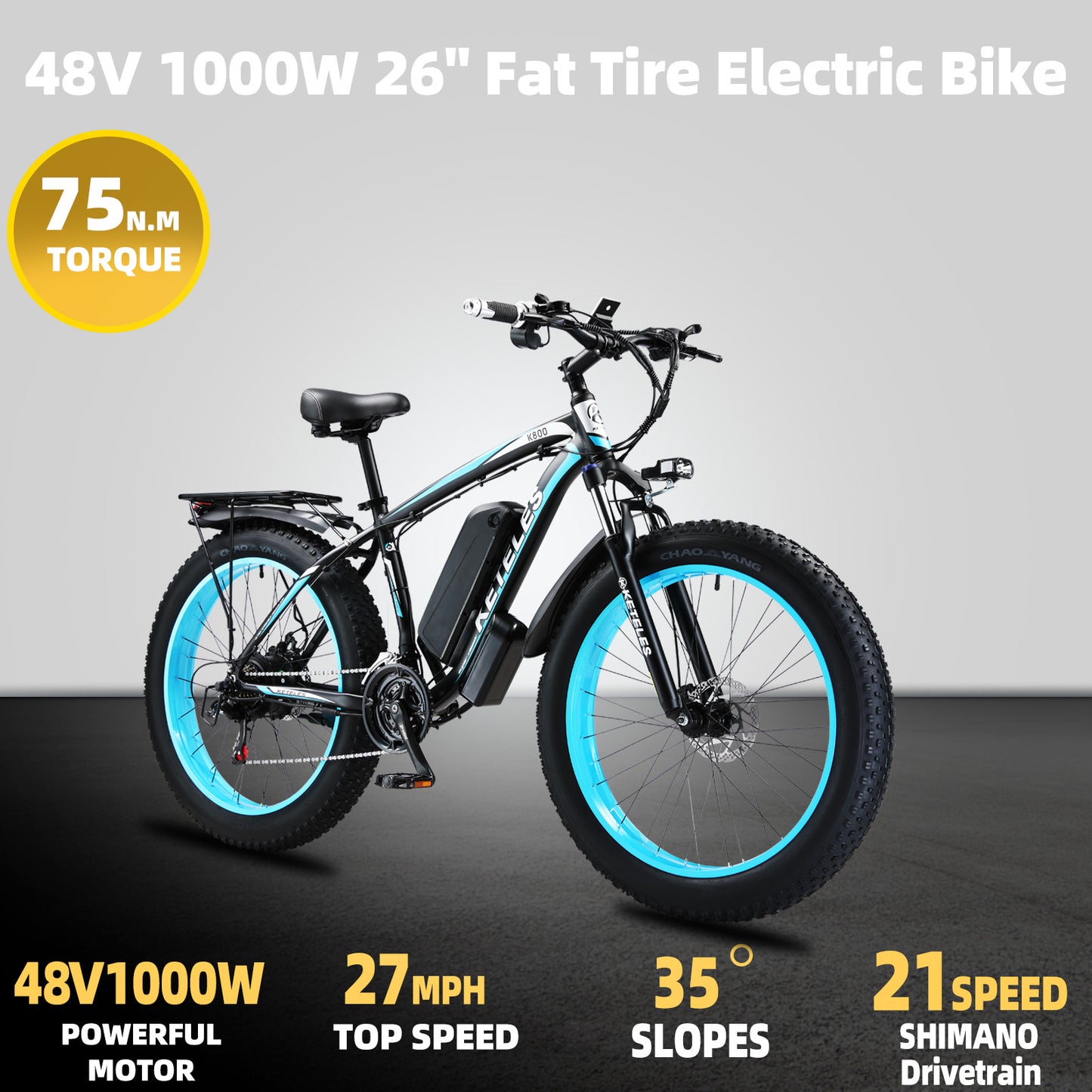 KETELES k800 1000W Fat Tire Electric Bike for Adults - 26 Inch Mountain Ebike with 28 MPH Speed, 13AH 48V Removable Battery, 21-Speed Gear System - Ideal for Off-Road Adventures