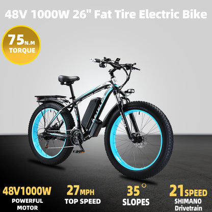 KETELES k800 1000W Fat Tire Electric Bike for Adults - 26 Inch Mountain Ebike with 28 MPH Speed, 13AH 48V Removable Battery, 21-Speed Gear System - Ideal for Off-Road Adventures